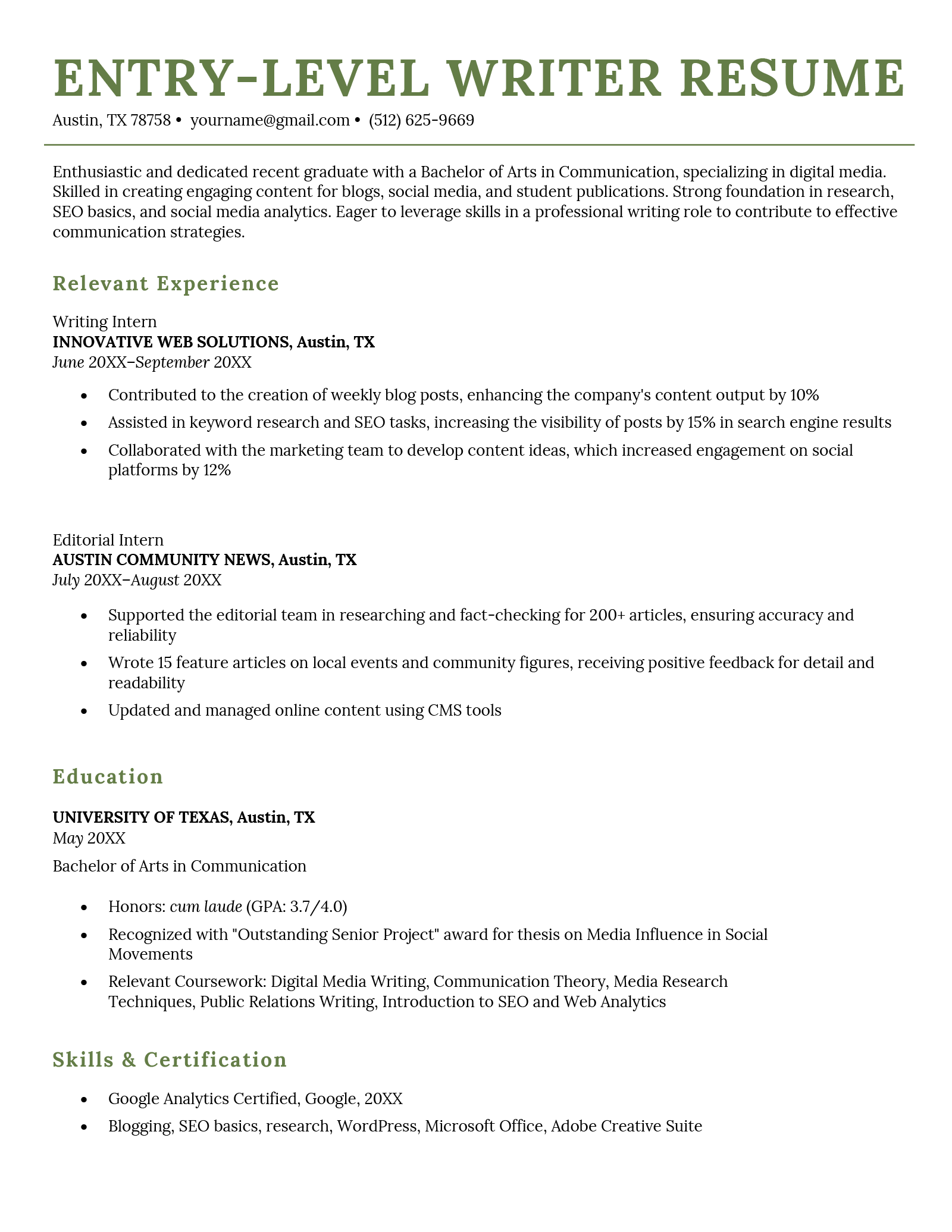 An entry-level writer resume example in a template with green header text