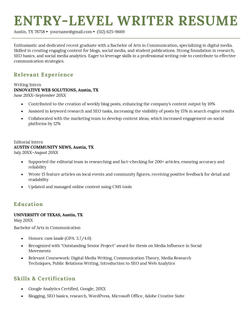 An entry-level writer resume example in a template with coral header text