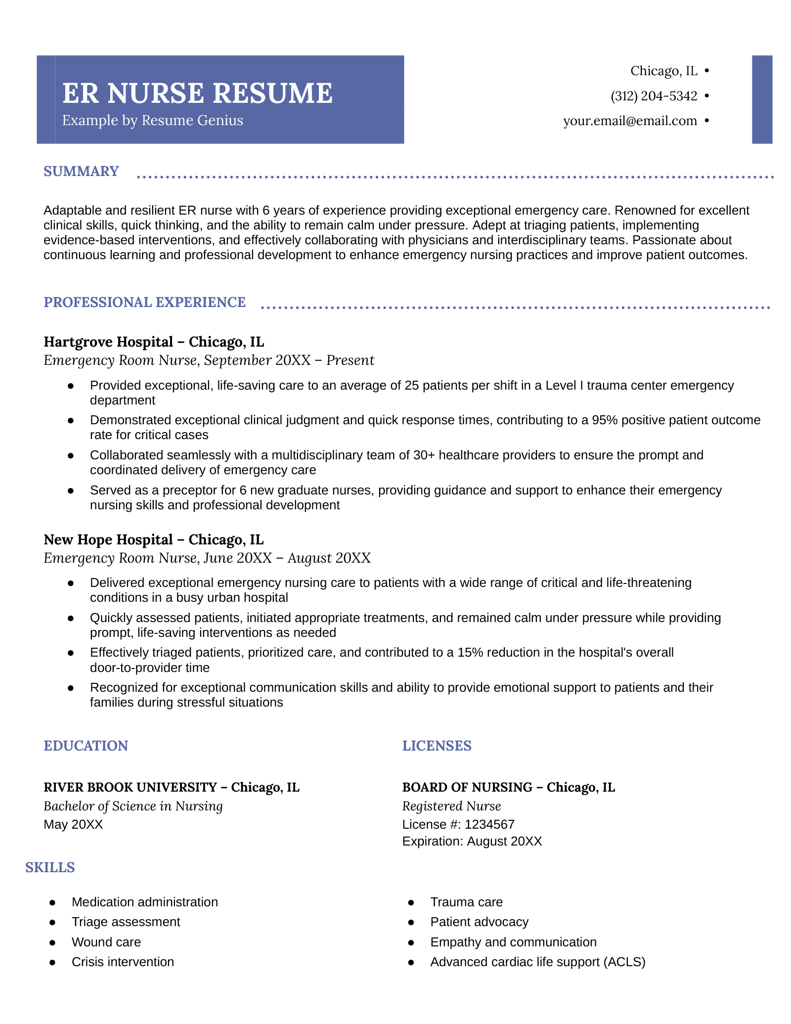 An example resume for an emergency room nurse.