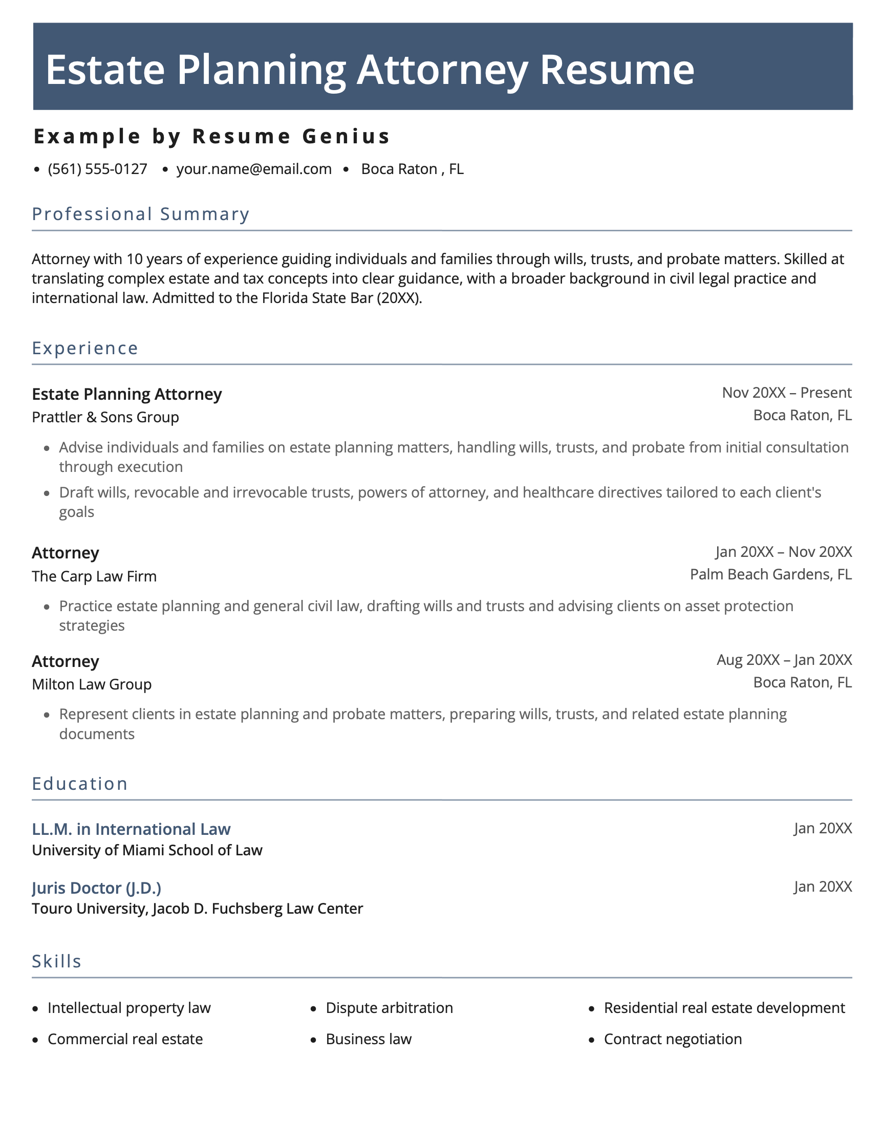 An estate planning attorney resume example