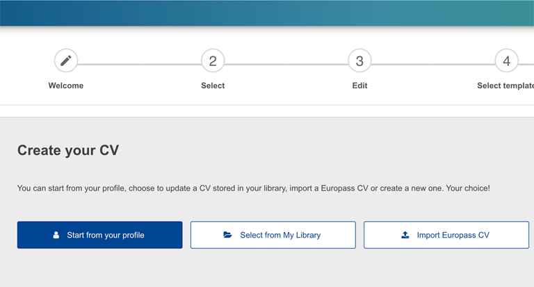 A page on the Europass website giving users the option to create a new CV, upload a CV, create one from their profile, or select one from their library.