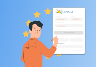 A graphic showing a man against a blue background with a pen in his hand standing in front of a Europass CV.