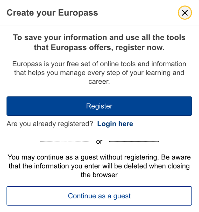 The sign-up page for the Europass CV with a blue button that says "register"