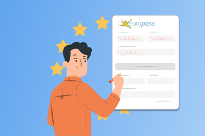 A graphic showing a man against a blue background with a pen in his hand standing in front of a Europass CV.