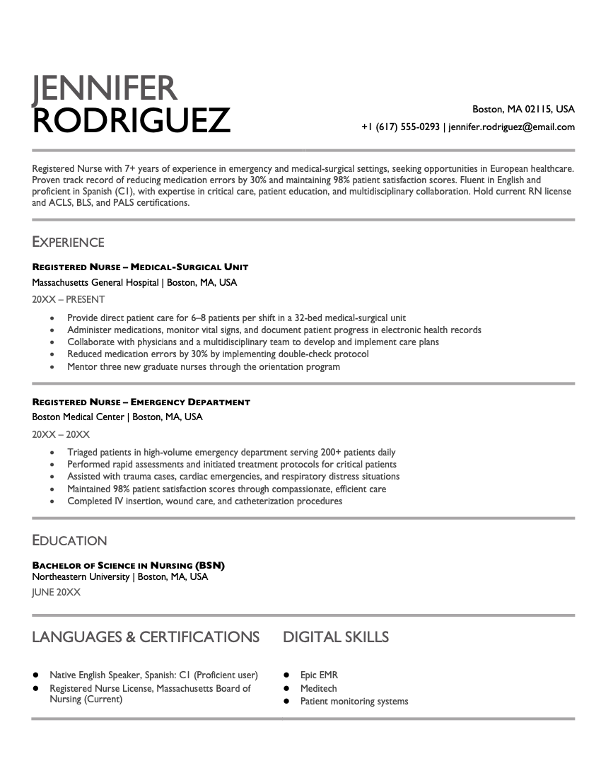 A CV for a registered nurse in the europass format