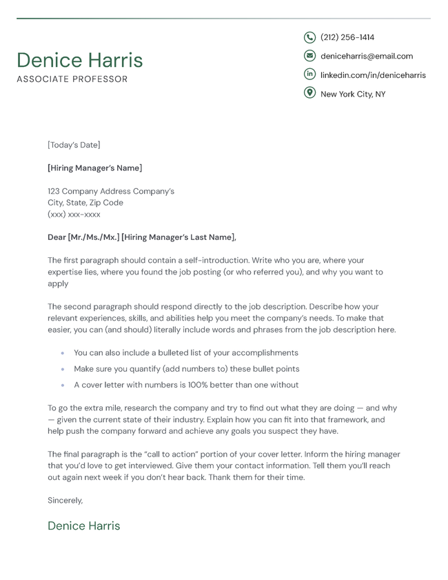 European CV cover letter template, green color