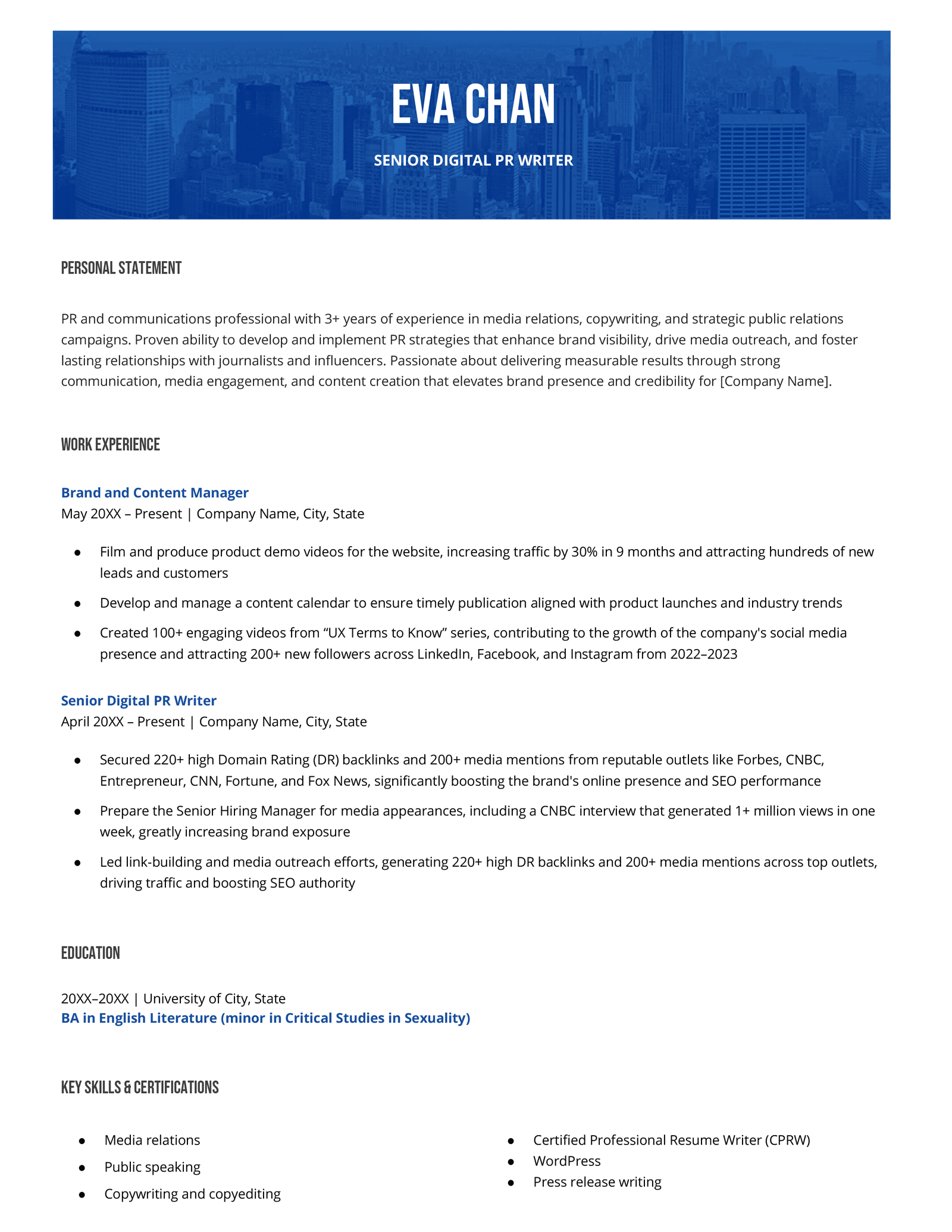 A public relations resume written by Eva Chan, Resume Genius