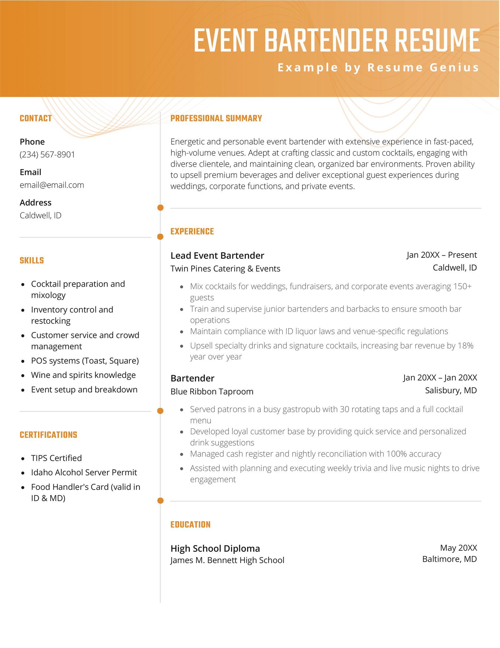An event bartender resume example.