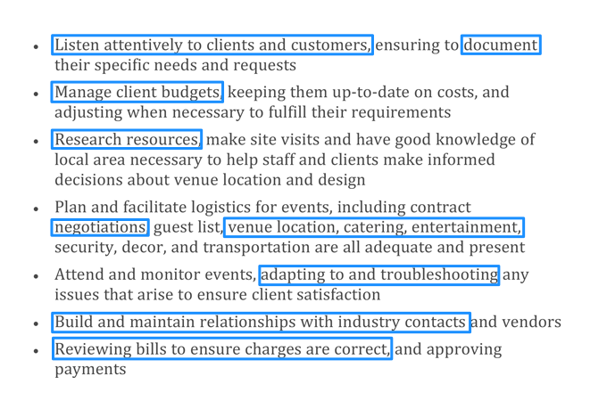 An example of an event planner job description with resume keywords highlighted