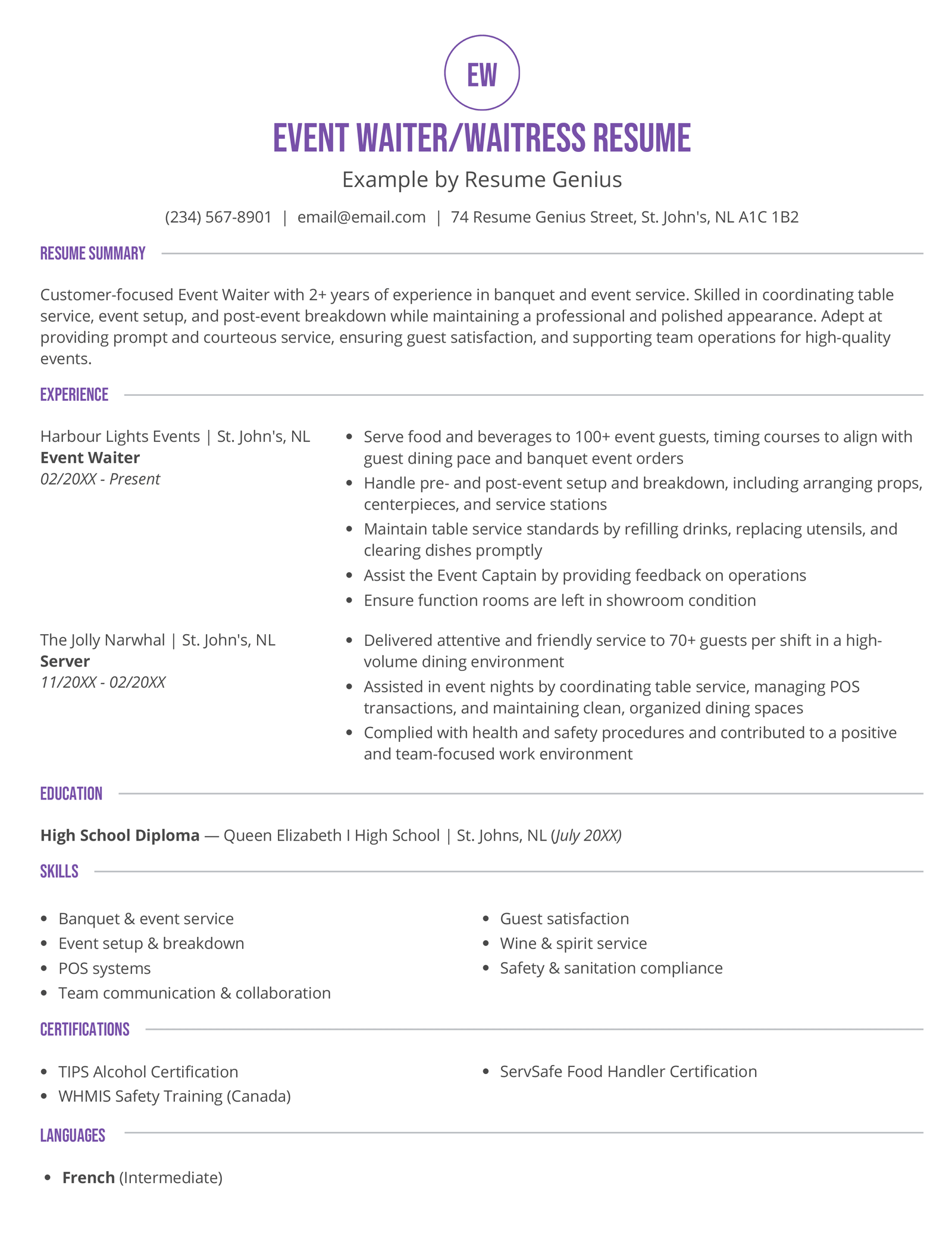 An event waiter/waitress resume example.