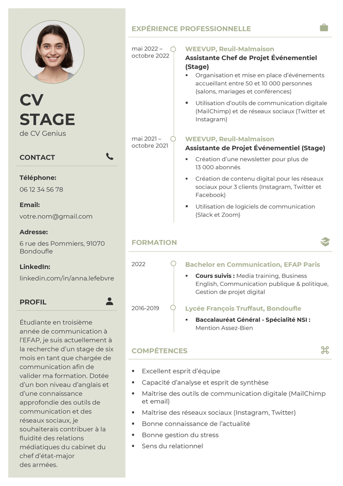 example of a French resume for an intern