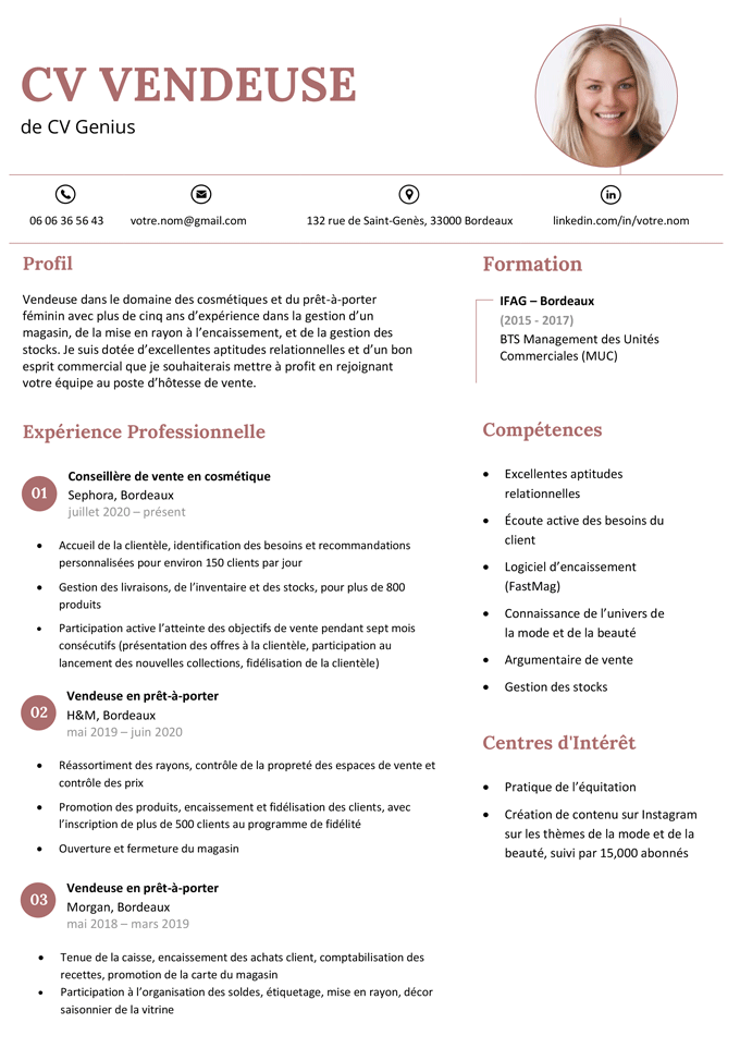 an image of a French CV for a salesclerk