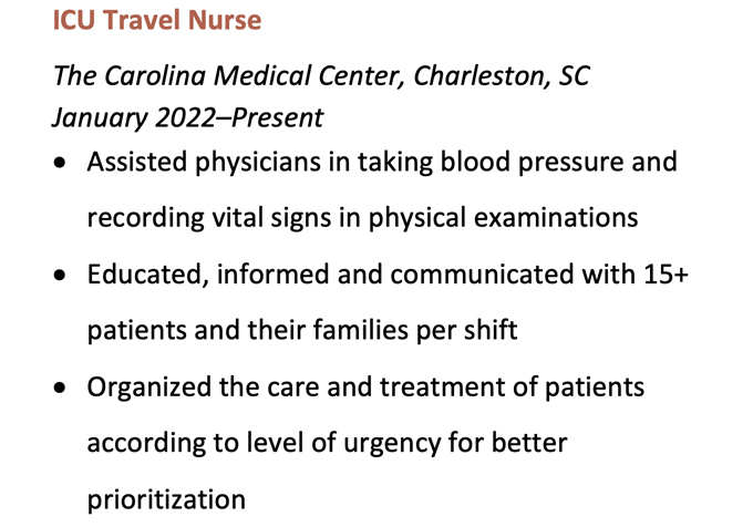 example of a travel nurse work experience on a resume