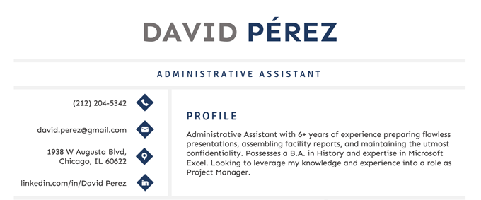 An example of perfectly sized resume icons in a resume header's contact information section