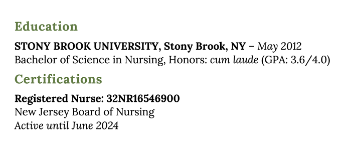 A screenshot of a pediatric nurse resume's education and certification sections, with green header text and bold black text for the subheadings