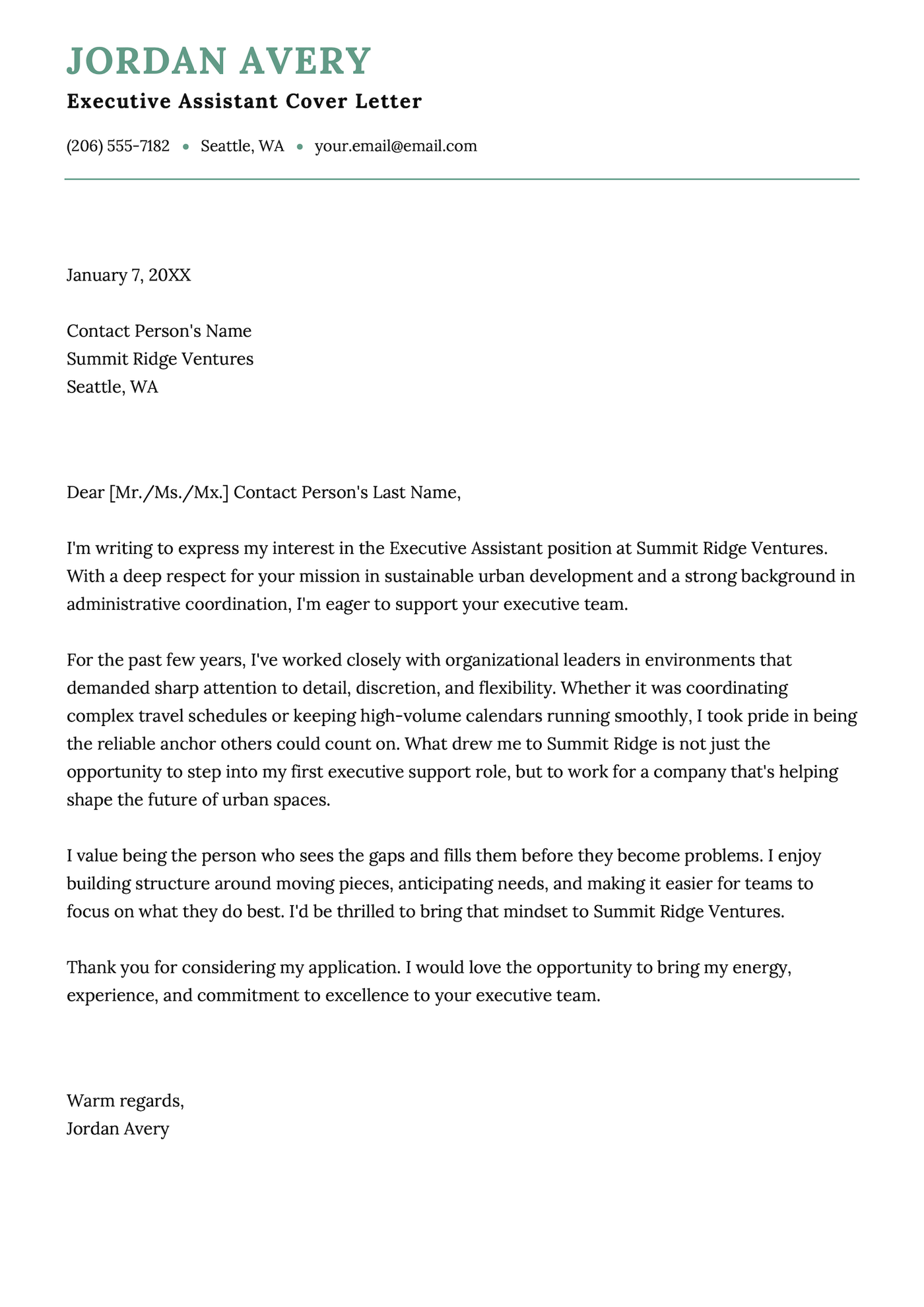 A cover letter example for an executive assistant.