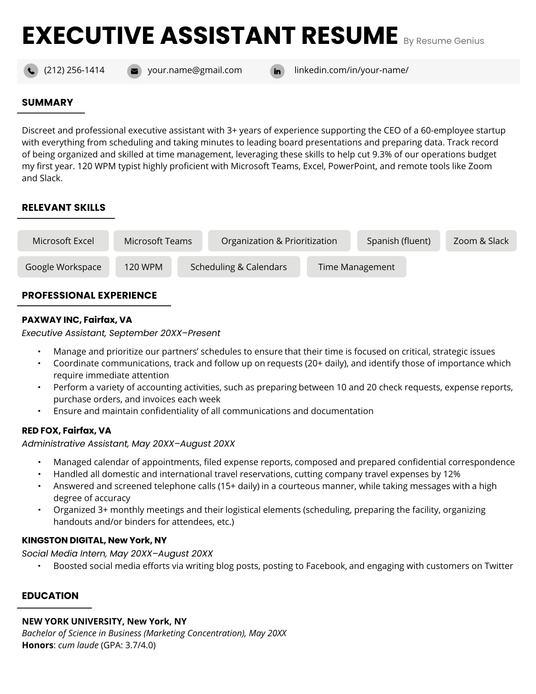 Executive assistant resume example and template for executive administrative assistant job seekers