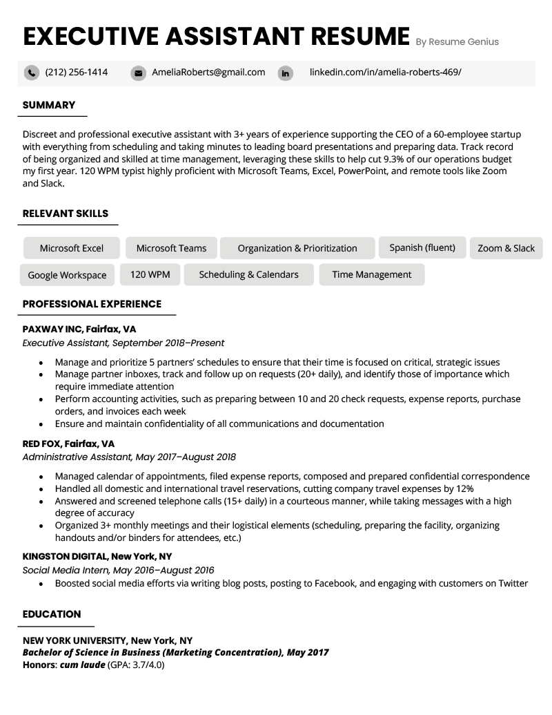 Executive assistant resume example and template for executive administrative assistant job seekers