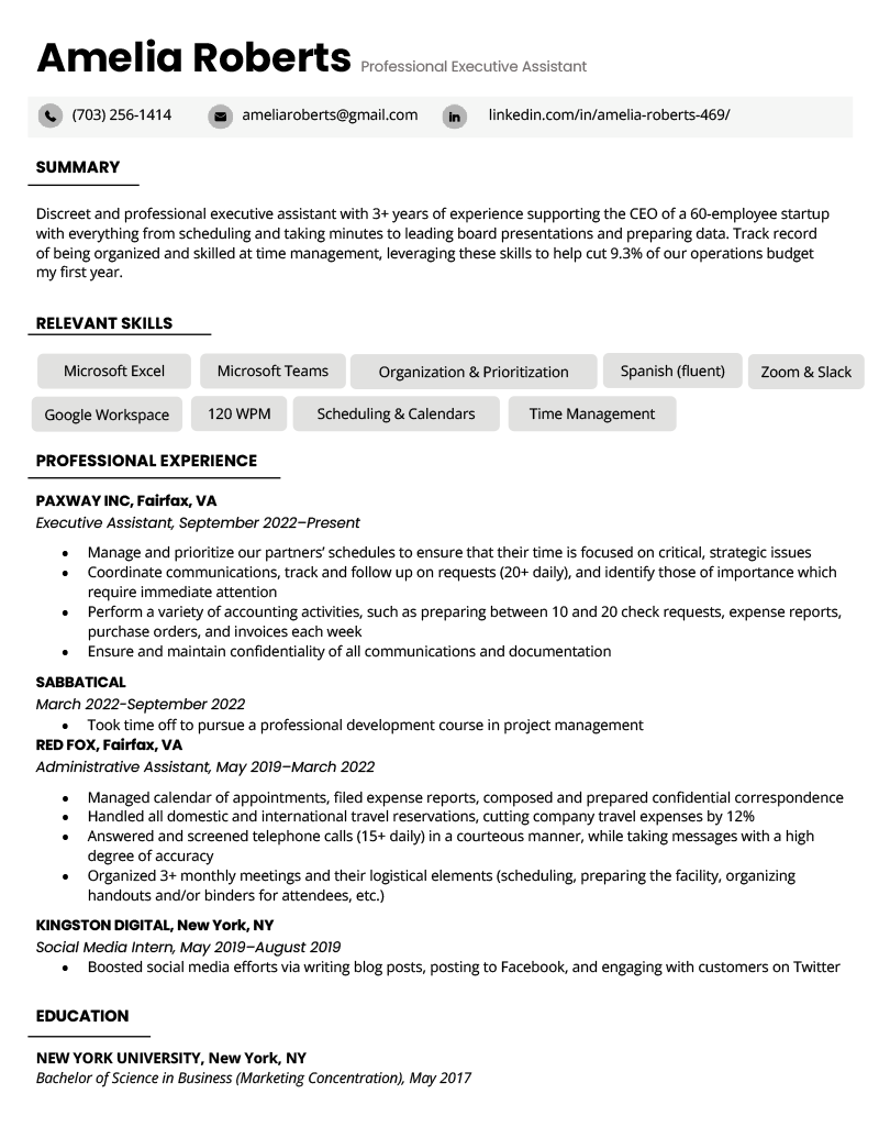 An example of an executive assistant's resume with a separate entry to explain an employment gap