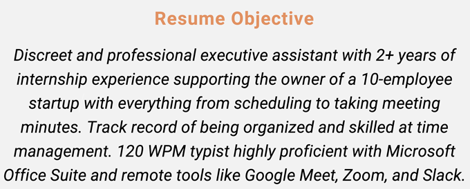 An executive assistant resume objective example on a gray background with an orange header and italic text