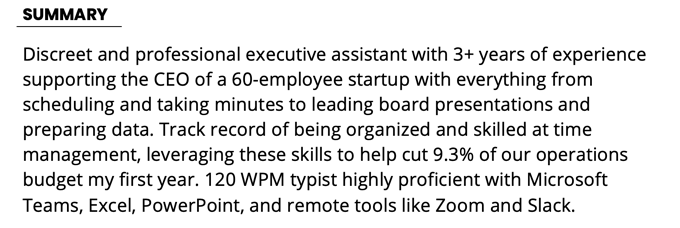 an executive assistant resume summary example