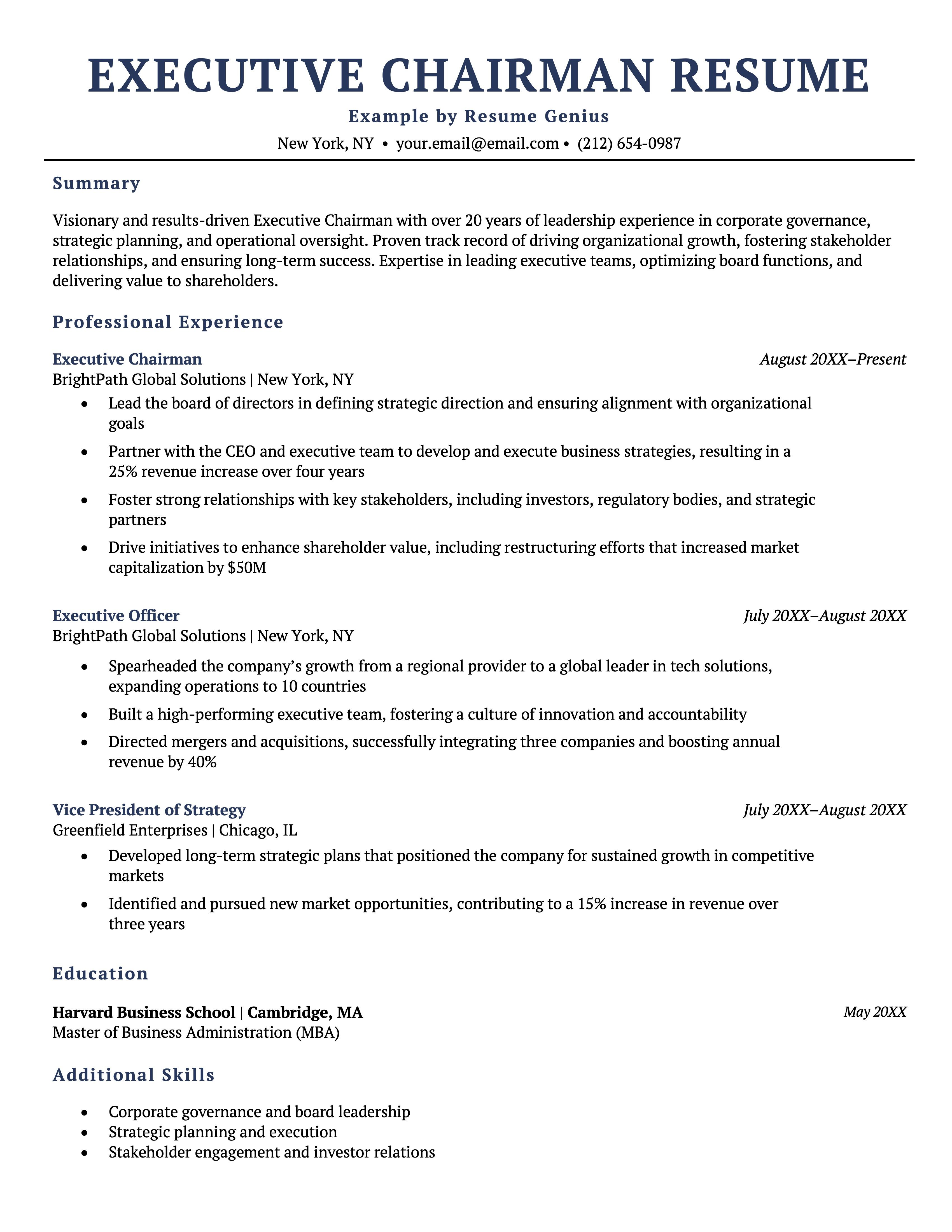 Executive Resume Template Examples - Executive Chairman Resume Example Template