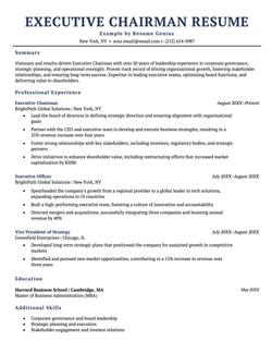 A resume example for an executive chairman role.