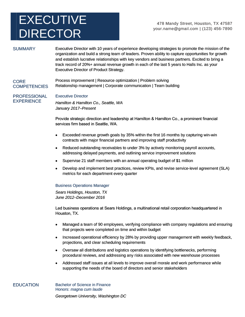 An executive director resume example with a blue header and resume section headers in a left-aligned column