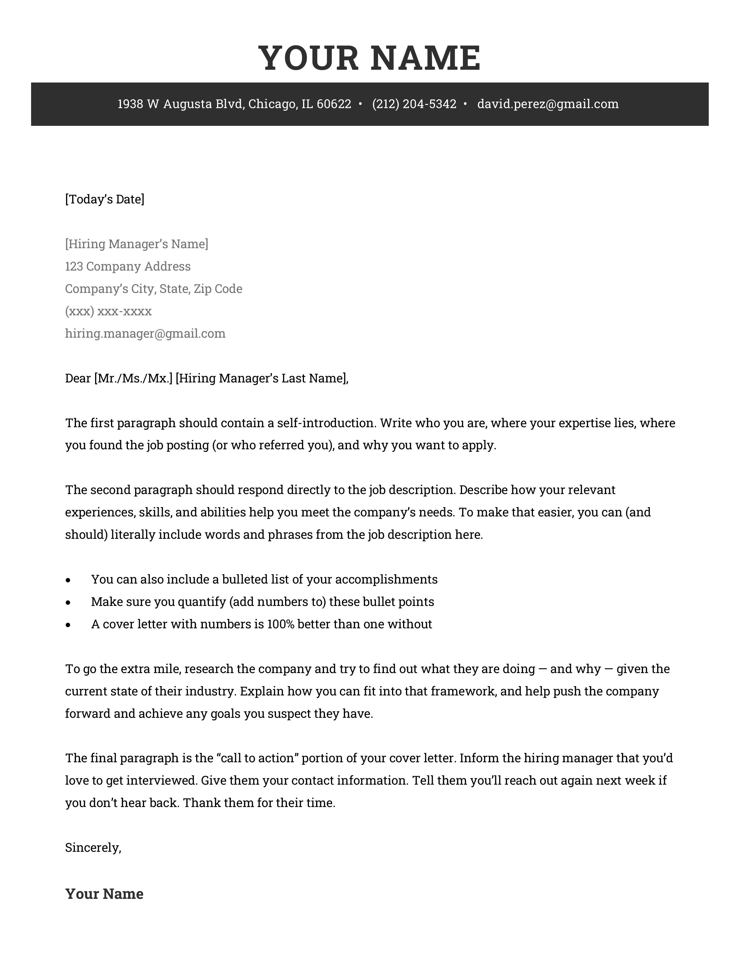 The Executive cover letter template, a custom-made cover letter design compatible with Google Docs.