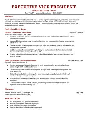 An executive vice president resume example.