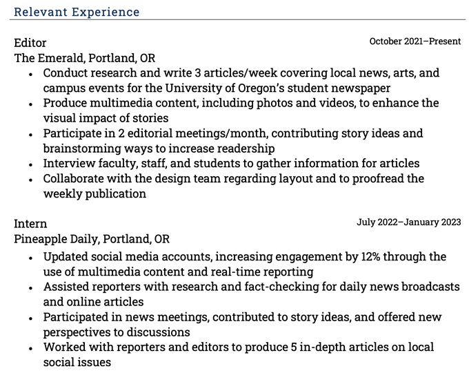 Relevant experience listed on a resume example for a student majoring in journalism.
