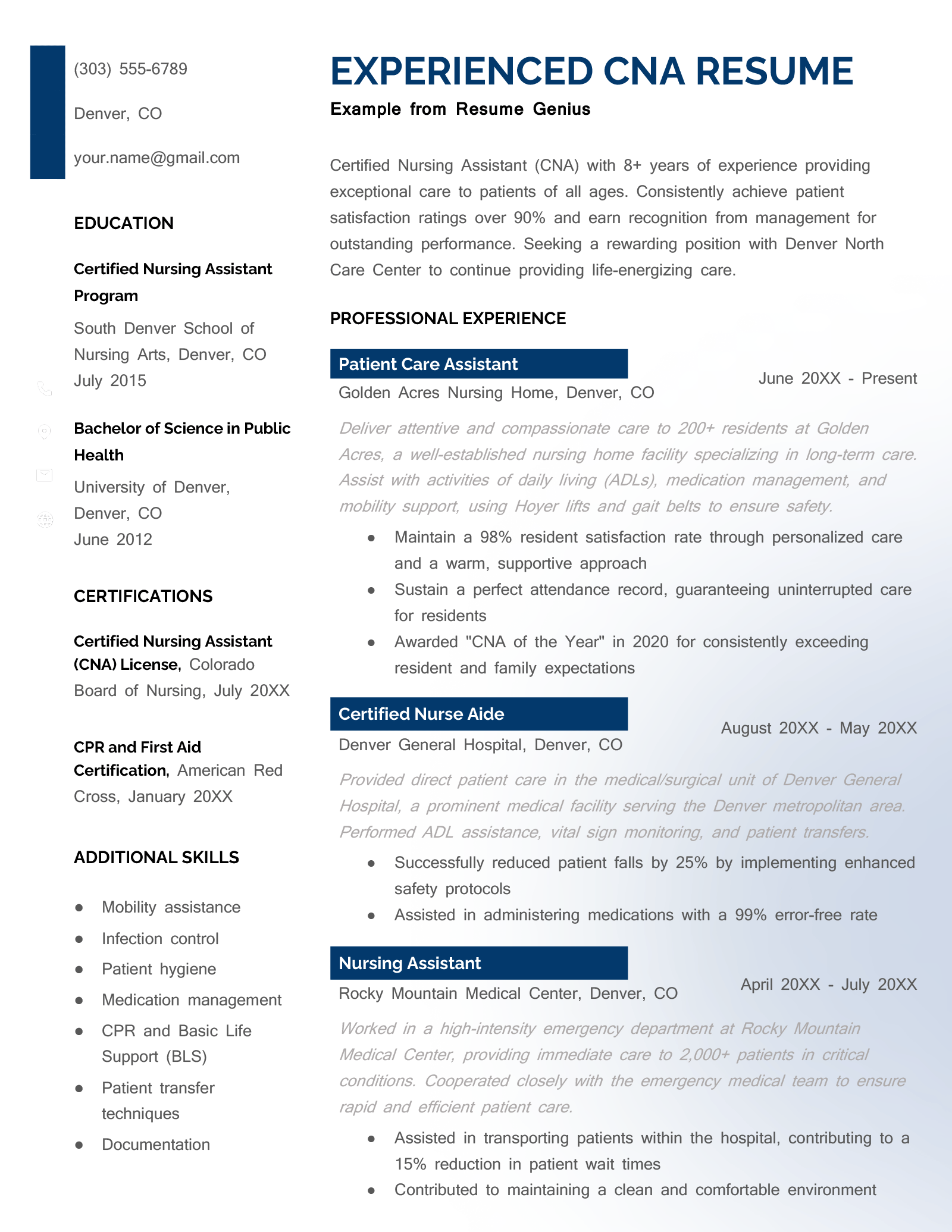 Example of a resume for an experienced CNA with 8 years of experience that highlights their professional experience. The design uses two-columns with navy blue headings and a light blue gradient in the background.