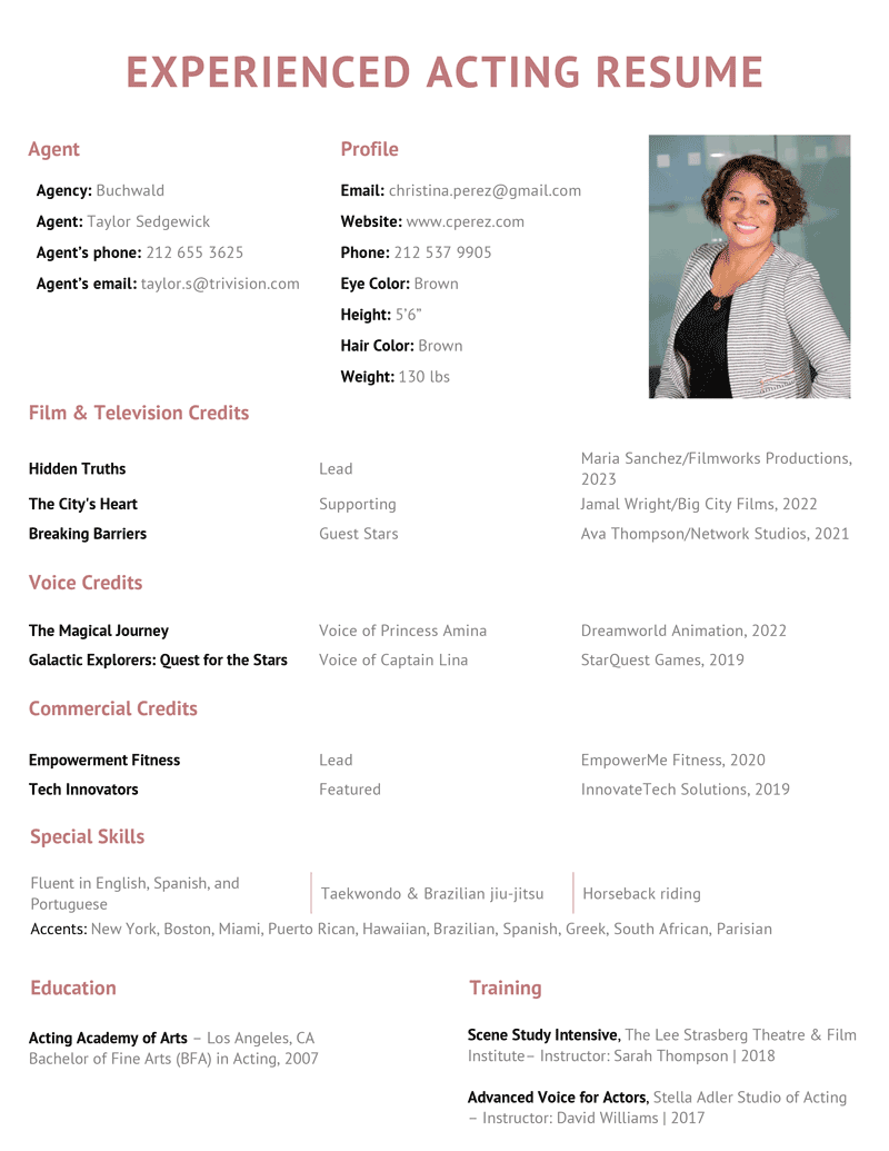 Example of an acting resume for an experienced candidate with contact information, a headshot, credits for film & television, voice, and commercial projects, as well as skills, education, and training.