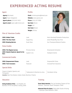 Example of an acting resume for an experienced candidate with contact information, a headshot, credits for film & television, voice, and commercial projects, as well as skills, education, and training.