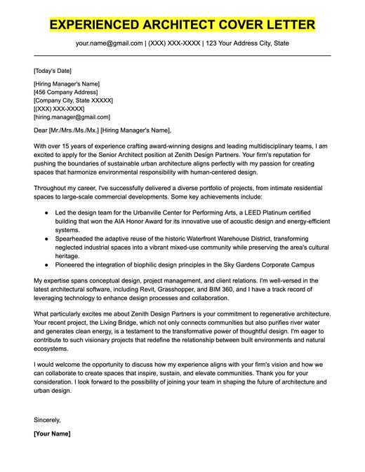 An example cover letter for an experienced architect.