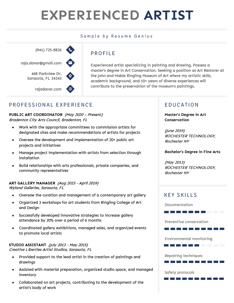An experienced artist resume using a a template with a blue and gray header and blue icons in the contact information section.