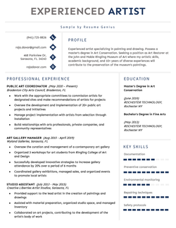An experienced artist resume using a a template with a blue and gray header and blue icons in the contact information section.