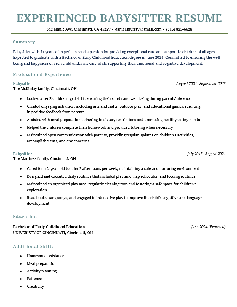 An experienced babysitter resume on a turquoise template with clearly labeled resume sections.