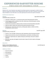 An experienced babysitter resume on a turquoise template with clearly labeled resume sections.