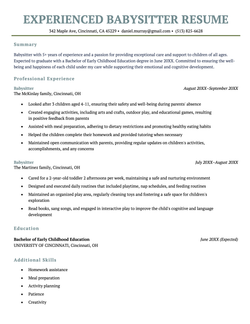 An experienced babysitter resume on a turquoise template with clearly labeled resume sections.