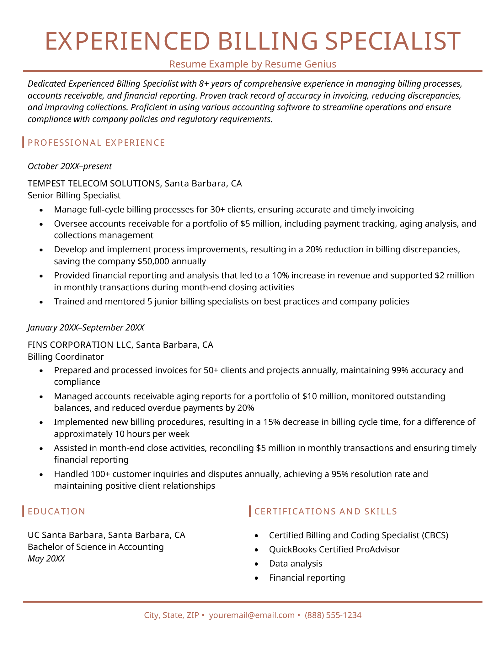 Billing Specialist Resume 3 Examples - Experienced Billing Specialist Resume Example 