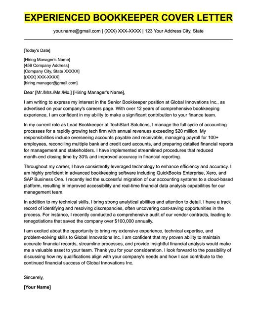 An example cover letter for an experienced bookkeeper.