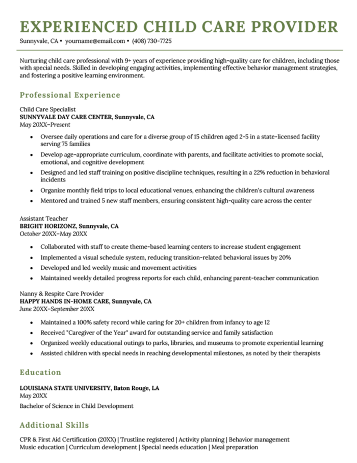 5 Child Care Resume Examples amp - Experienced Child Care Resume Example 700x906 