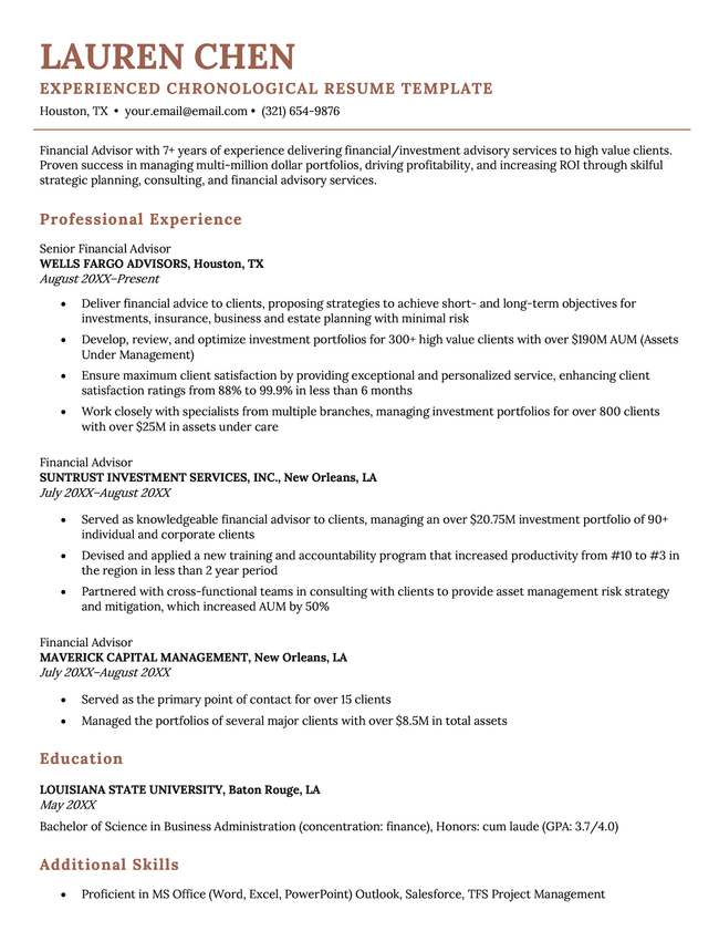 A chronological resume template for experienced professionals.