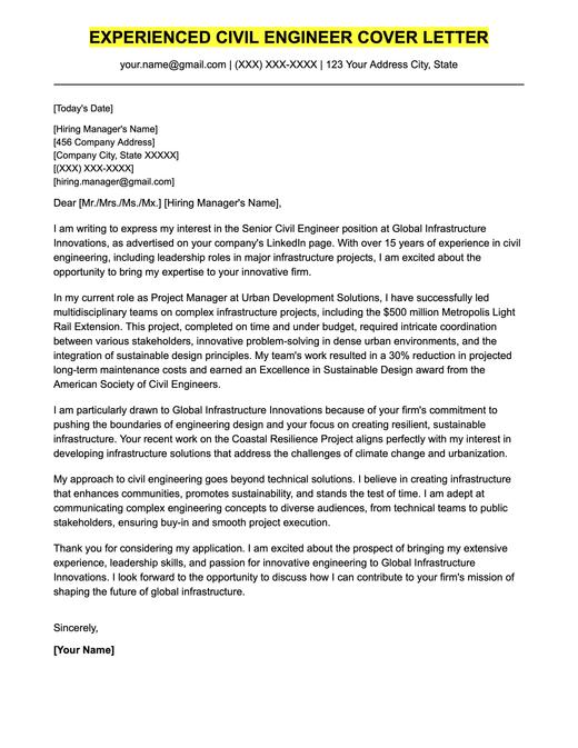 An example cover letter for an experienced civil engineer.