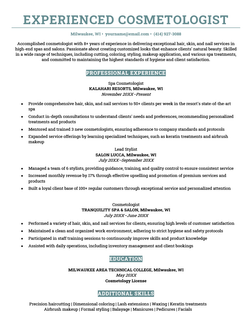 An experienced cosmetologist resume example using a template with turquoise headers.