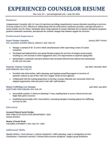 A resume example for an experienced counselor on a template with dark blue headers.