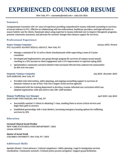 A resume example for an experienced counselor on a template with dark blue headers.
