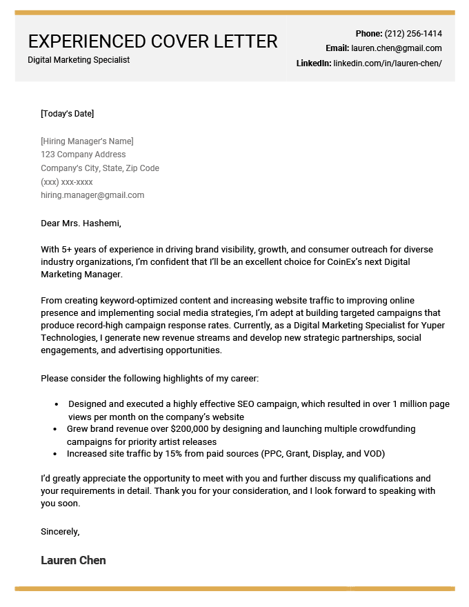 An example of a cover letter from an experienced candidate