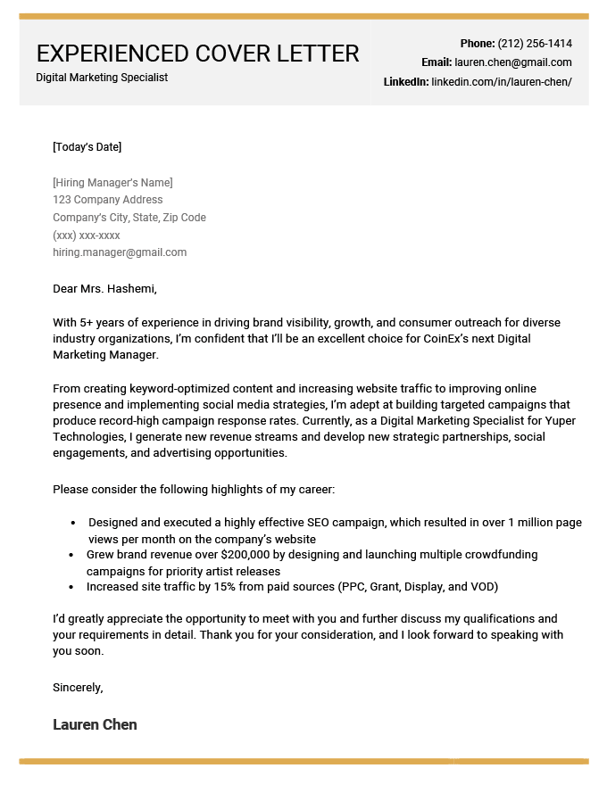 cover letter sample for experienced professional